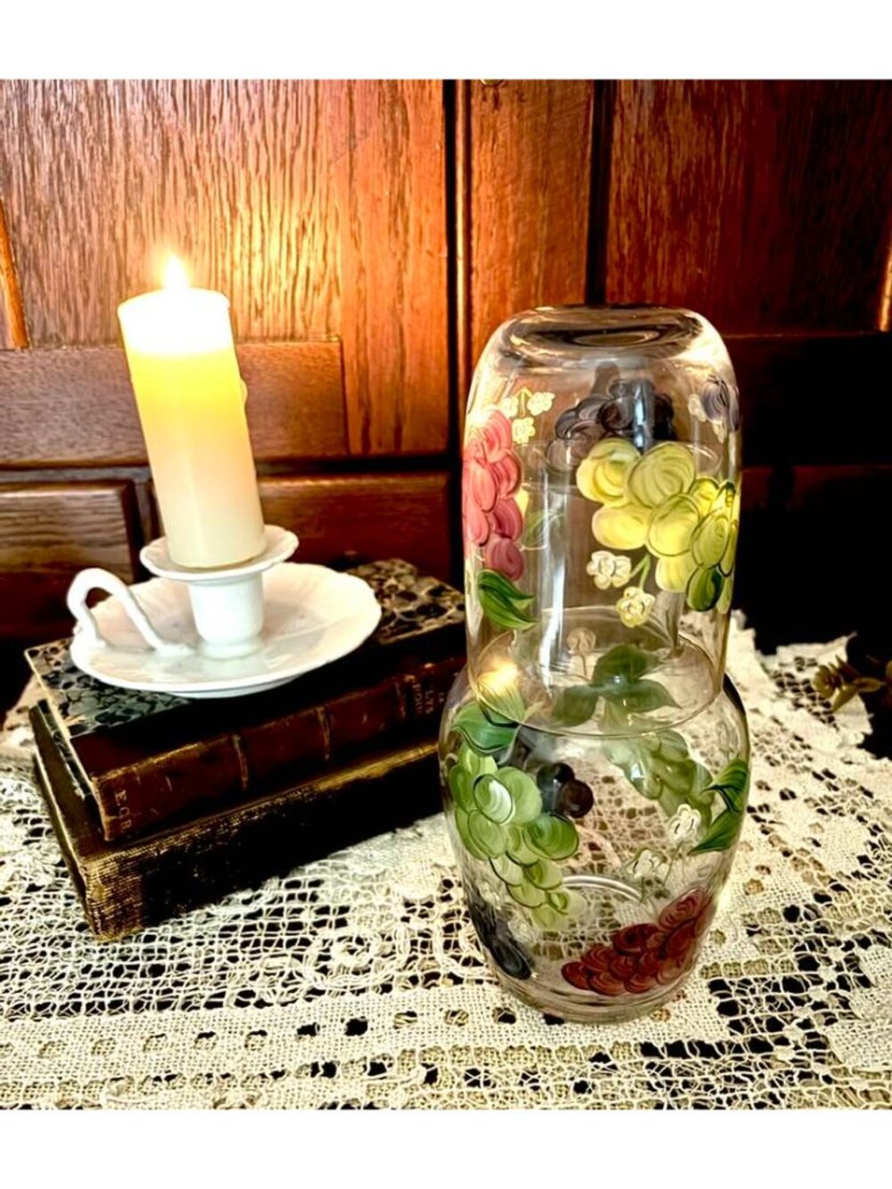 Vintage Hand Painted Tumble Up Set, Bedside Water Carafe with Glass Lid, Cottage - Picture 6 of 10